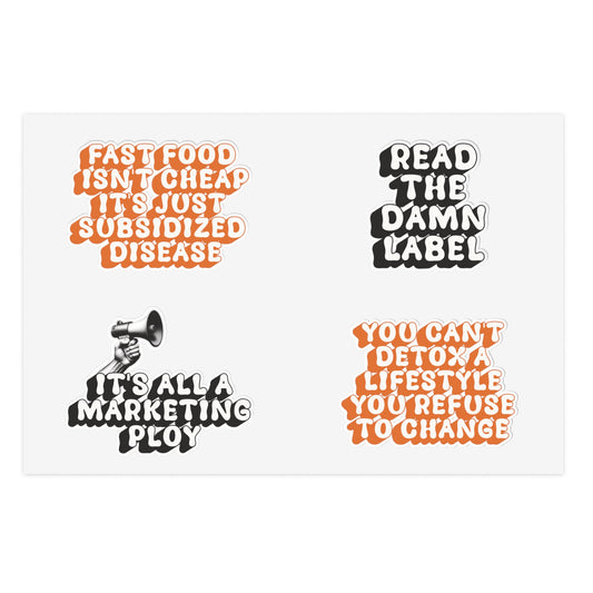 Bluntly Well Sticker Sheet – “Fast Food Lies & Wellness Truths” (4-Pack)